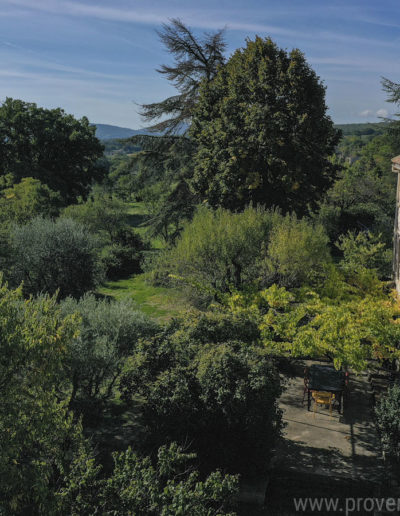 Le charme de la pierre en façade, un paysage arboré et verdoyant avec le Luberon à l'horizon, la tranquillité et le calme résonne au cœur du jardin de la location de vacances La Norgère située à Mane en Provence.