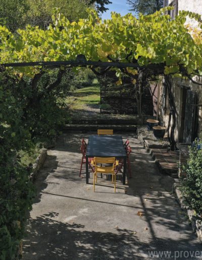 La terrasse ombragé par sa pergola recouverte d'une vigne bien fournie et le mobilier avec de jolies chaises colorées apportant une touche d'éclat au coeur du jardin verdoyant de la location de vacances La Norgère, à Mane en Provence
