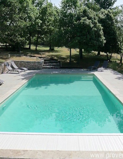 Vue de face de la piscine, son eau turquoise, sa large plage en pierre et ses transats à l'ombre des arbres pour des moments de détente garantis dans la location de vacances La Poncette située à Reillanne dans le Luberon