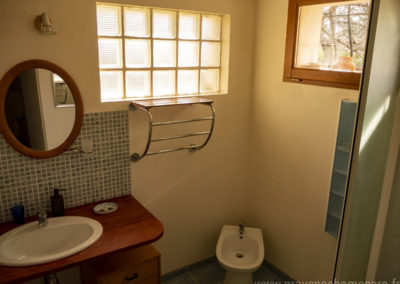 Salle d'eau, cabine de douche, lavabo, bidet, miroir, fenestron